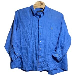 Polo Ralph Lauren Mens Blue Linen Button Down Shirt Long Sleeve Yellow Pony 3XB